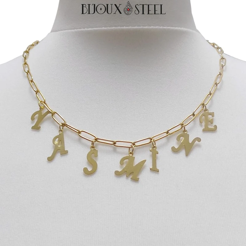 Collier prénom personnalisé sur chaîne trombone en acier inoxydable