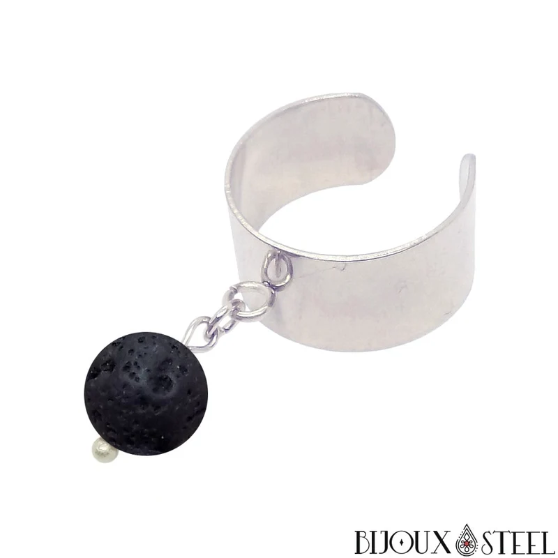 Bague large ajustable à perle de pierre de lave