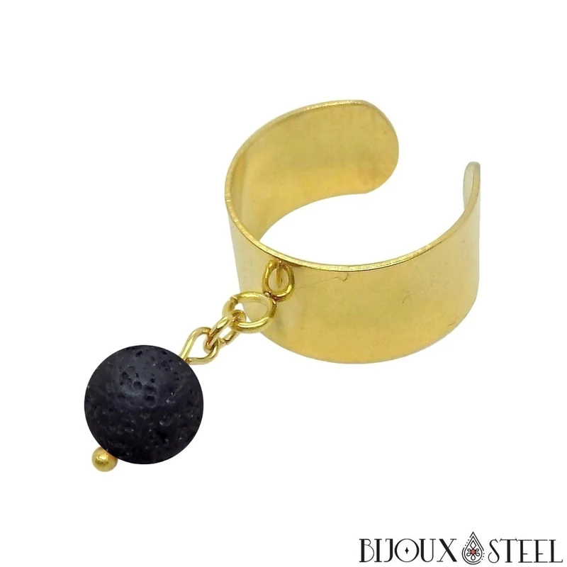 Bague large ajustable à perle de pierre de lave