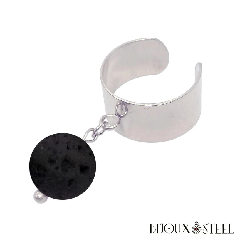Bague large ajustable à perle de pierre de lave