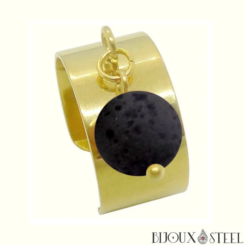 Bague large ajustable à perle de pierre de lave