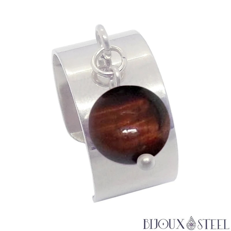 Bague large ajustable à perle d'oeil de taureau
