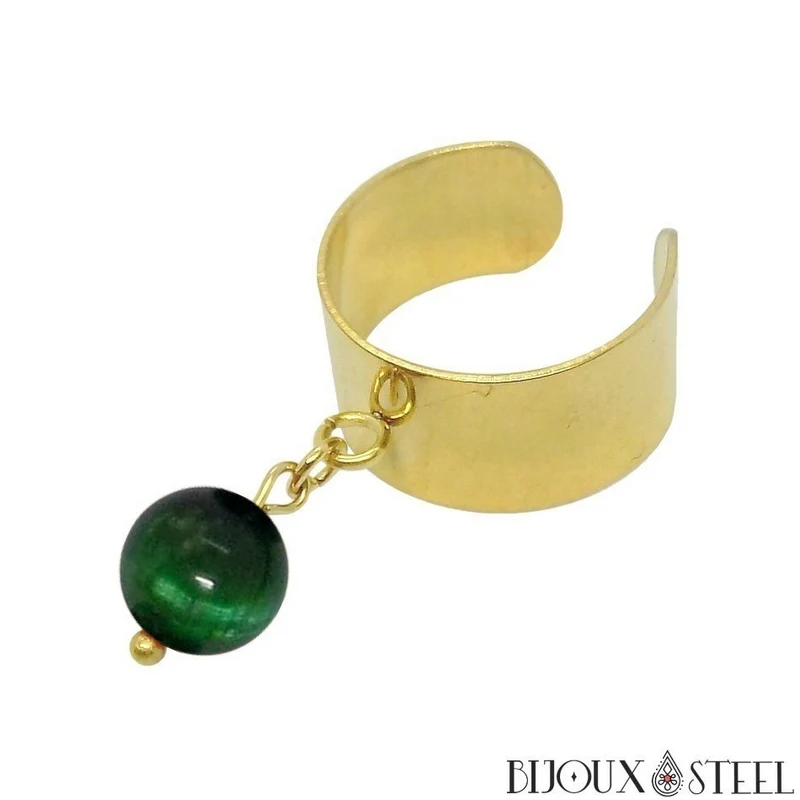 Bague large ajustable à perle d'oeil de tigre vert