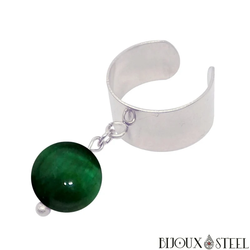 Bague large ajustable à perle d'oeil de tigre vert
