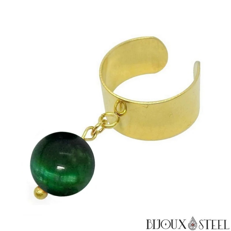 Bague large ajustable à perle d'oeil de tigre vert