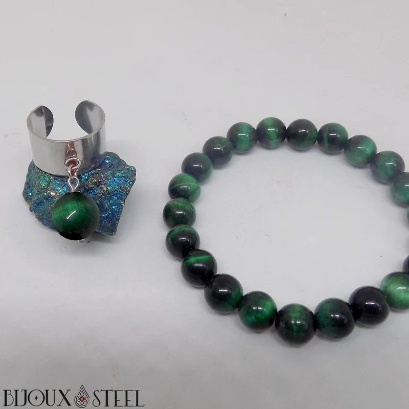 Bague large ajustable à perle d'oeil de tigre vert