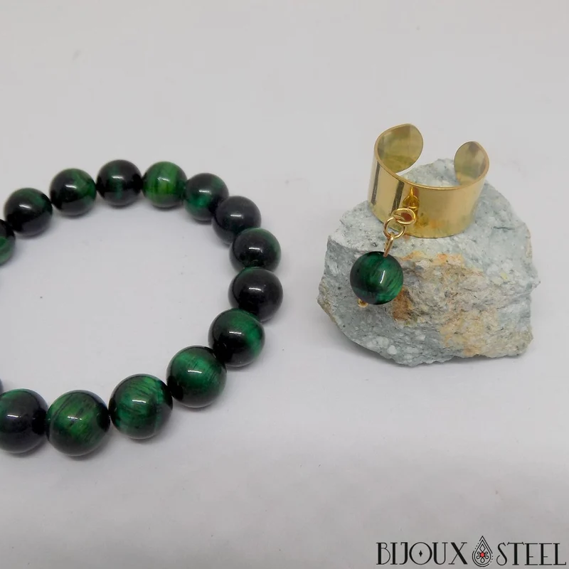 Bague large ajustable à perle d'oeil de tigre vert