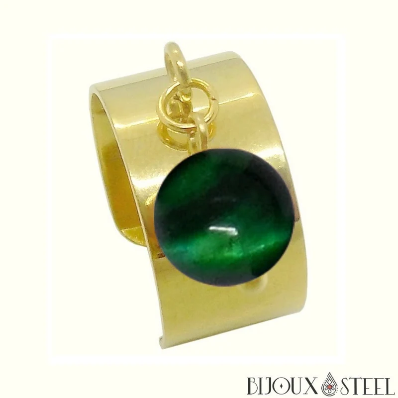 Bague large ajustable à perle d'oeil de tigre vert