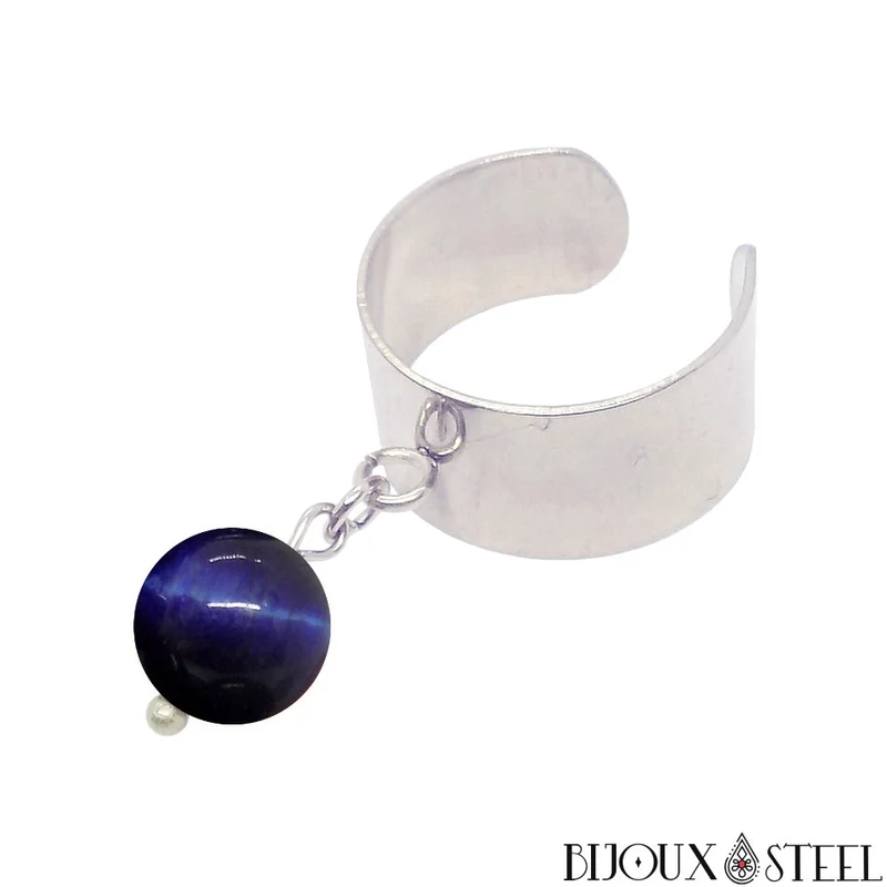 Bague large ajustable à perle d'oeil de tigre bleu