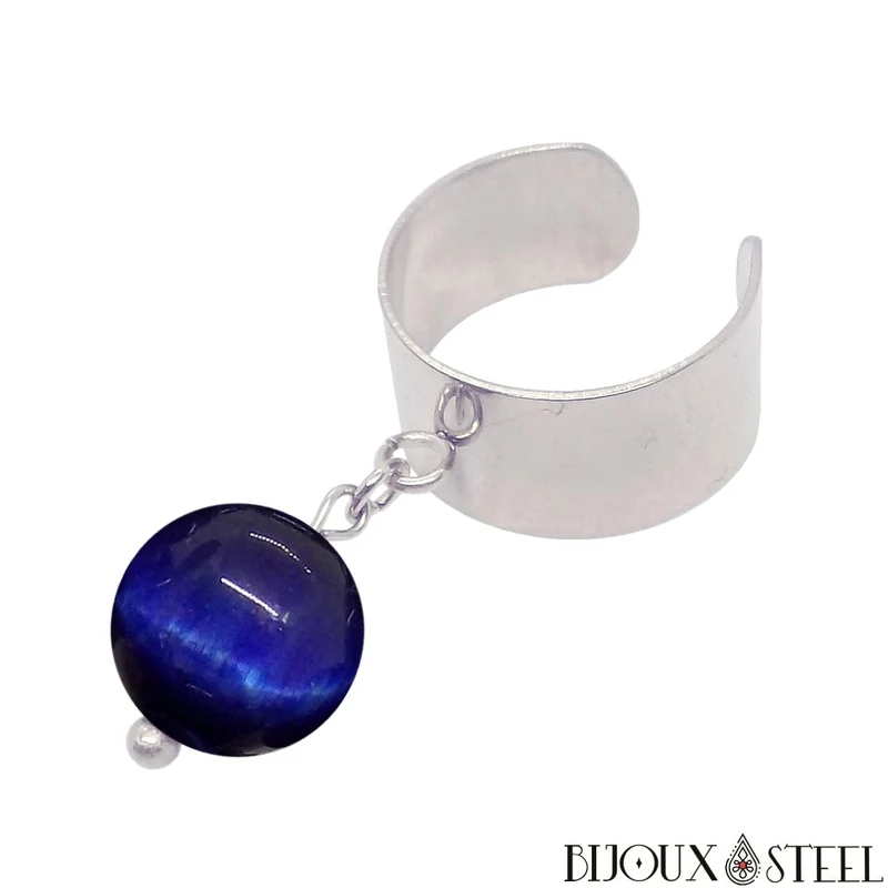 Bague large ajustable à perle d'oeil de tigre bleu