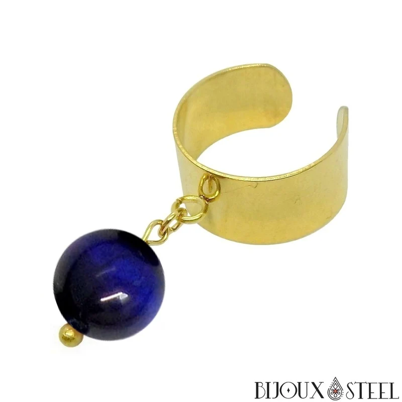 Bague large ajustable à perle d'oeil de tigre bleu