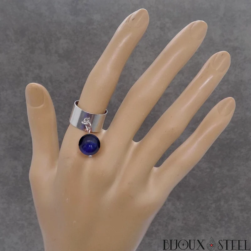 Bague large ajustable à perle d'oeil de tigre bleu