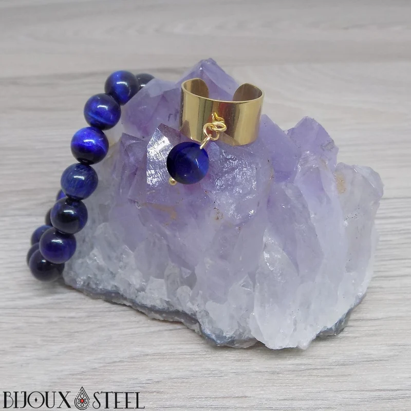 Bague large ajustable à perle d'oeil de tigre bleu
