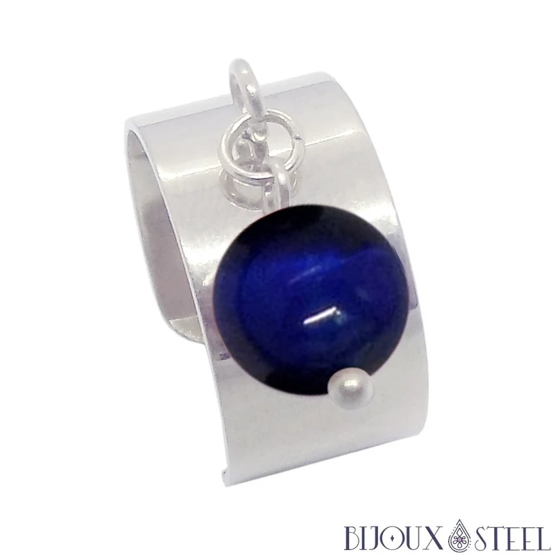 Bague large ajustable à perle d'oeil de tigre bleu
