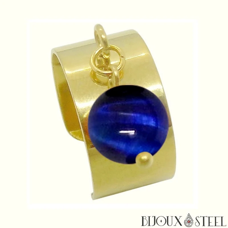 Bague large ajustable à perle d'oeil de tigre bleu