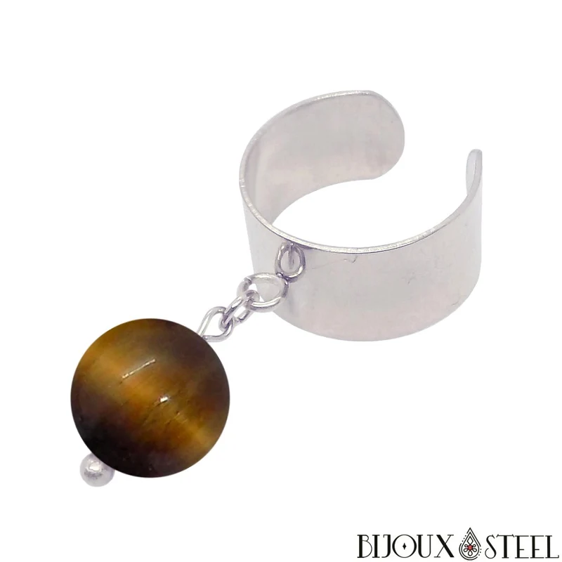 Bague large ajustable à perle d'oeil de tigre