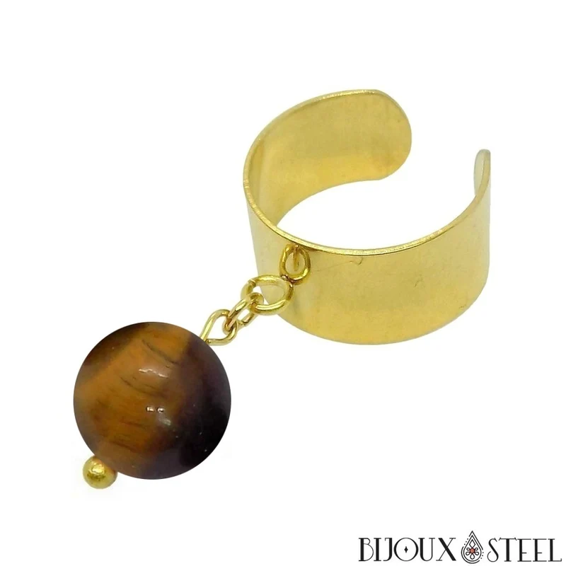 Bague large ajustable à perle d'oeil de tigre