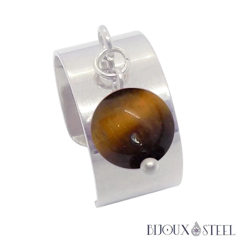 Bague large ajustable à perle d'oeil de tigre