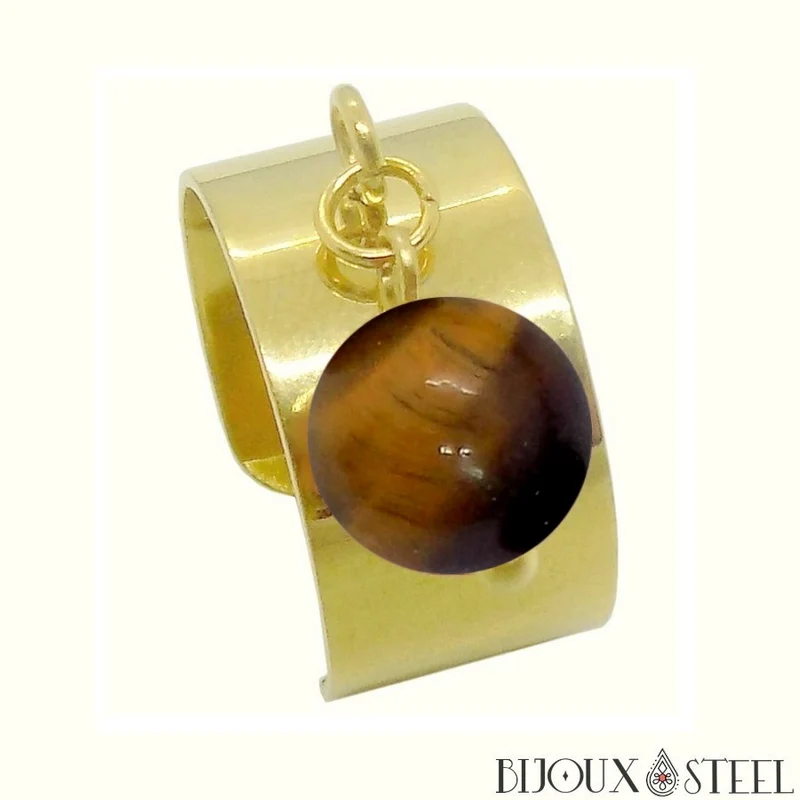 Bague large ajustable à perle d'oeil de tigre