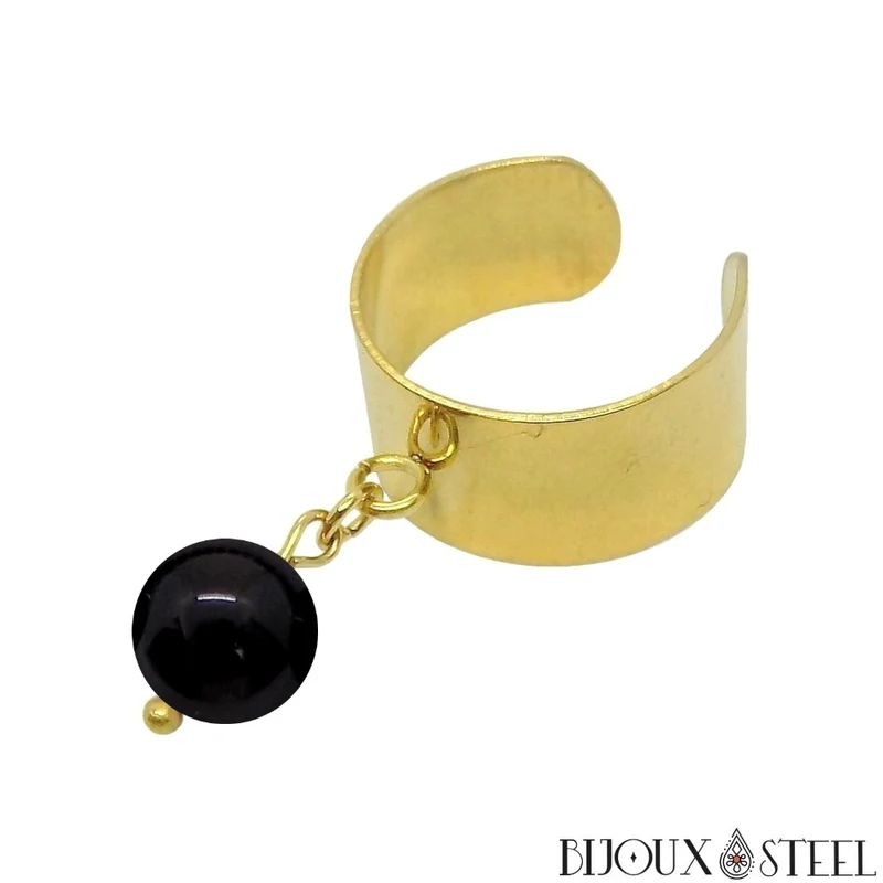 Bague large ajustable à perle d'onyx noir