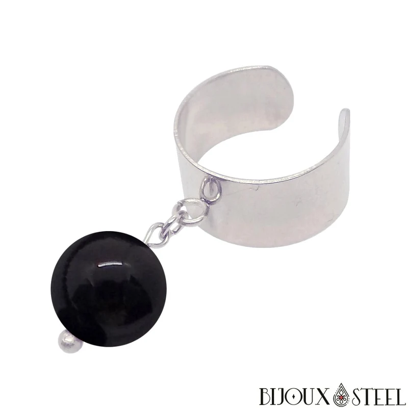 Bague large ajustable à perle d'onyx noir