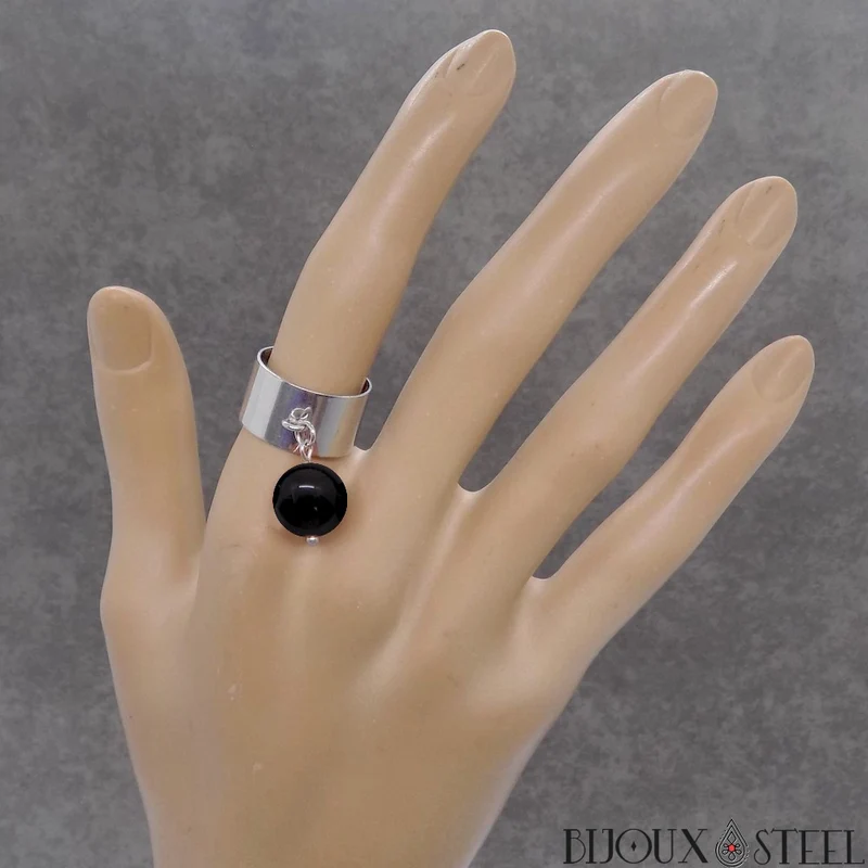 Bague large ajustable à perle d'onyx noir