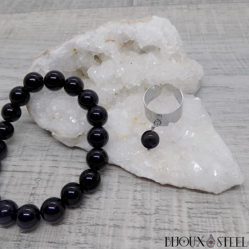 Bague large ajustable à perle d'onyx noir