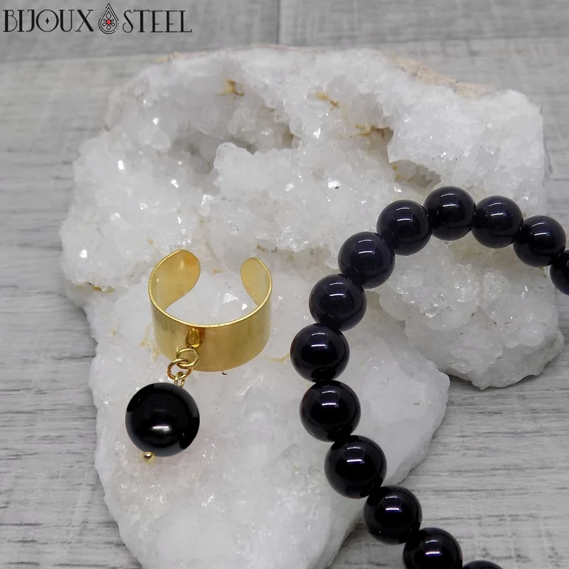 Bague large ajustable à perle d'onyx noir