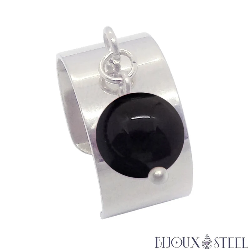 Bague large ajustable à perle d'onyx noir