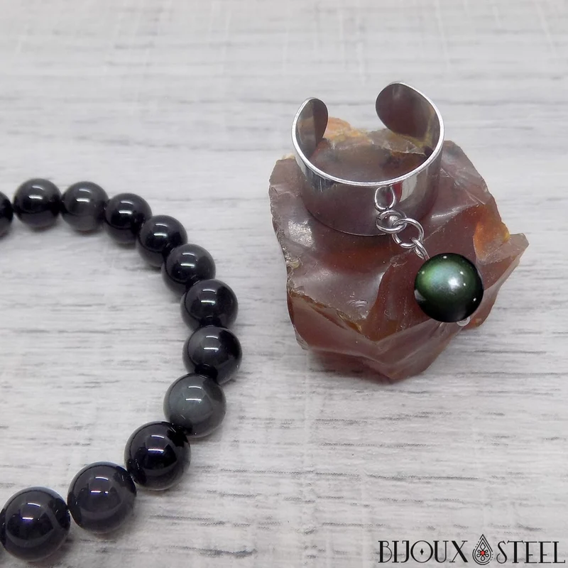 Bague large ajustable à perle d'obsidienne oeil céleste