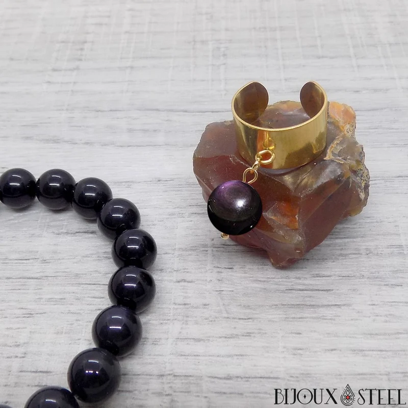 Bague large ajustable à perle d'obsidienne oeil céleste