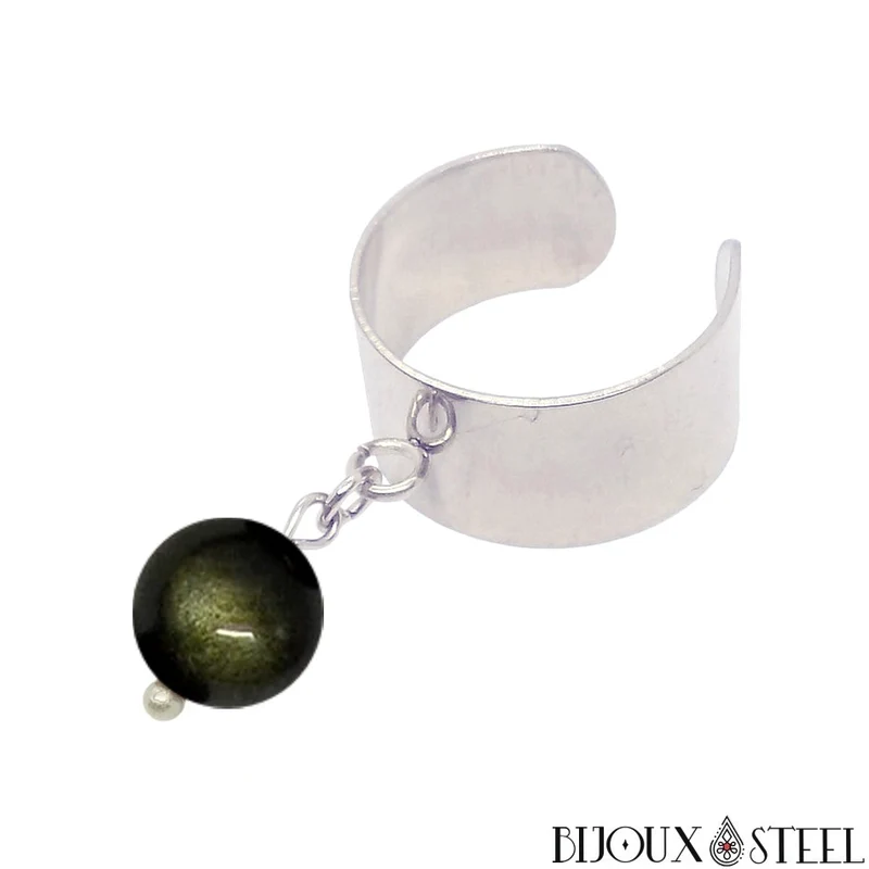 Bague large ajustable à perle d'obsidienne dorée