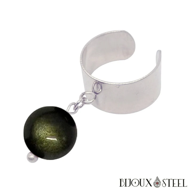 Bague large ajustable à perle d'obsidienne dorée