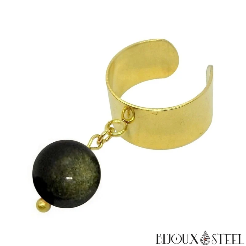 Bague large ajustable à perle d'obsidienne dorée