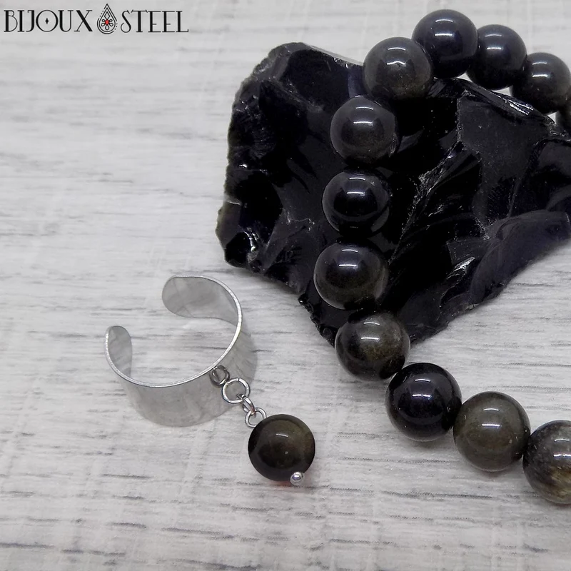Bague large ajustable à perle d'obsidienne dorée