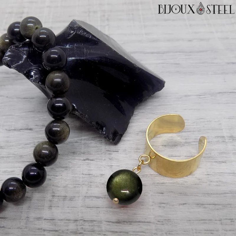 Bague large ajustable à perle d'obsidienne dorée