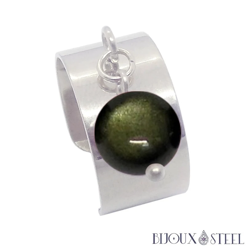 Bague large ajustable à perle d'obsidienne dorée