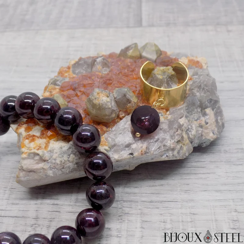 Bague large ajustable à perle de grenat