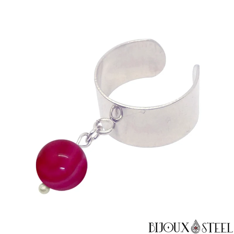 Bague large ajustable à perle d'agate magenta teintée