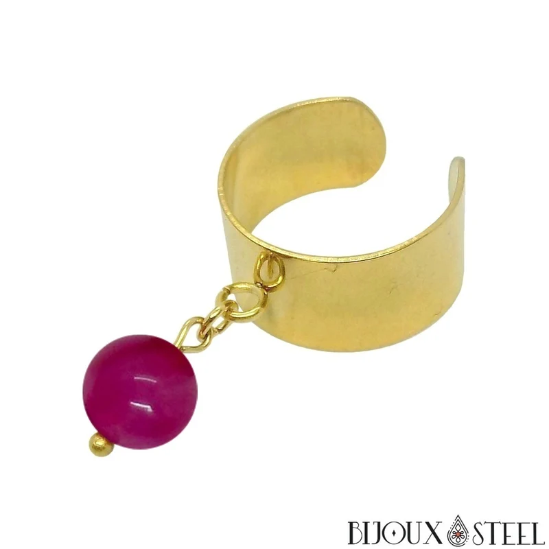 Bague large ajustable à perle d'agate magenta teintée