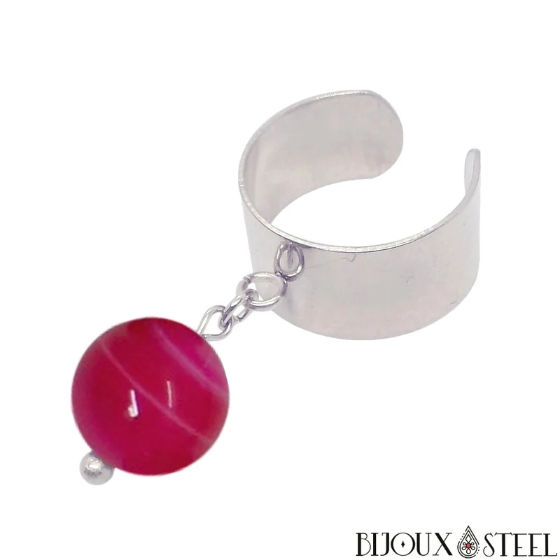 Bague large ajustable à perle d'agate magenta teintée