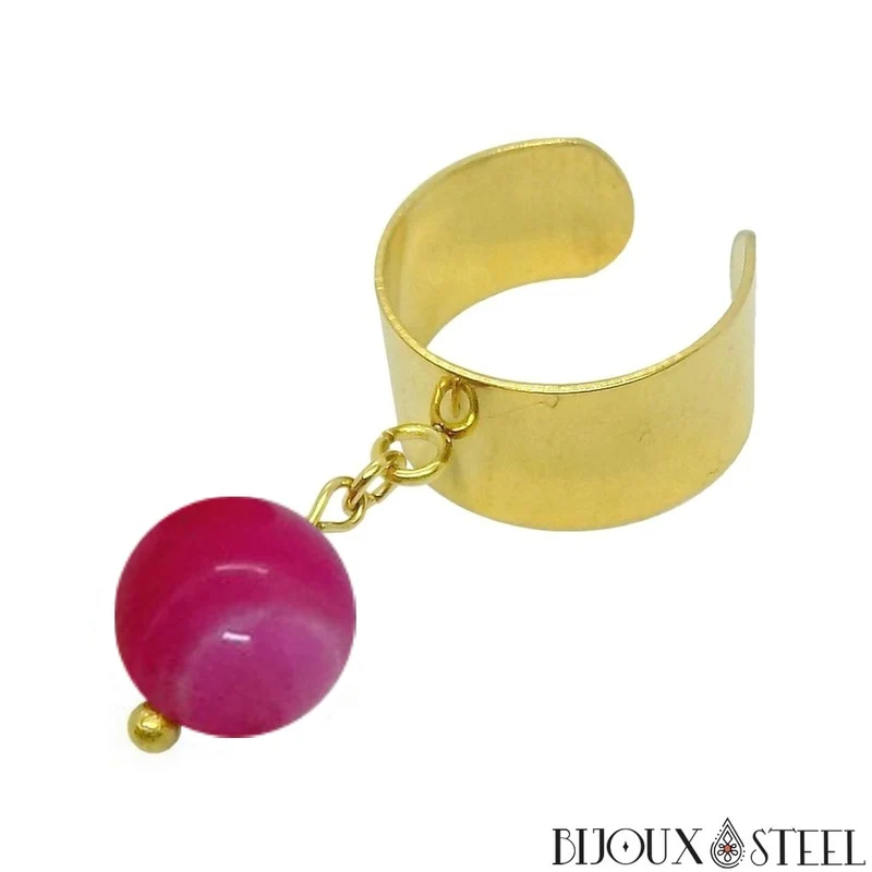 Bague large ajustable à perle d'agate magenta teintée