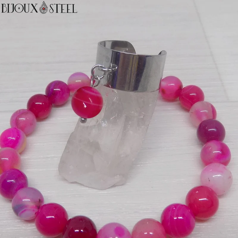 Bague large ajustable à perle d'agate magenta teintée