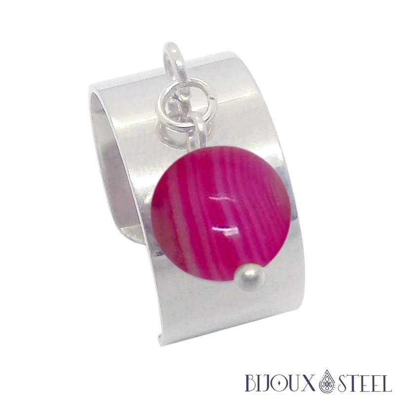 Bague large ajustable à perle d'agate magenta teintée