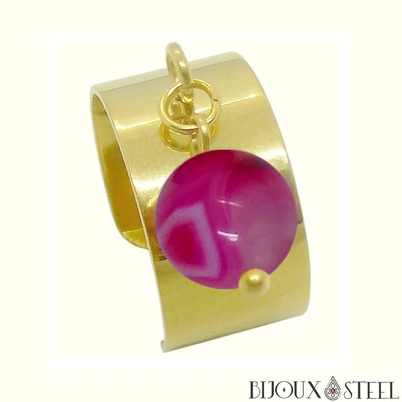 Bague large ajustable à perle d'agate magenta teintée