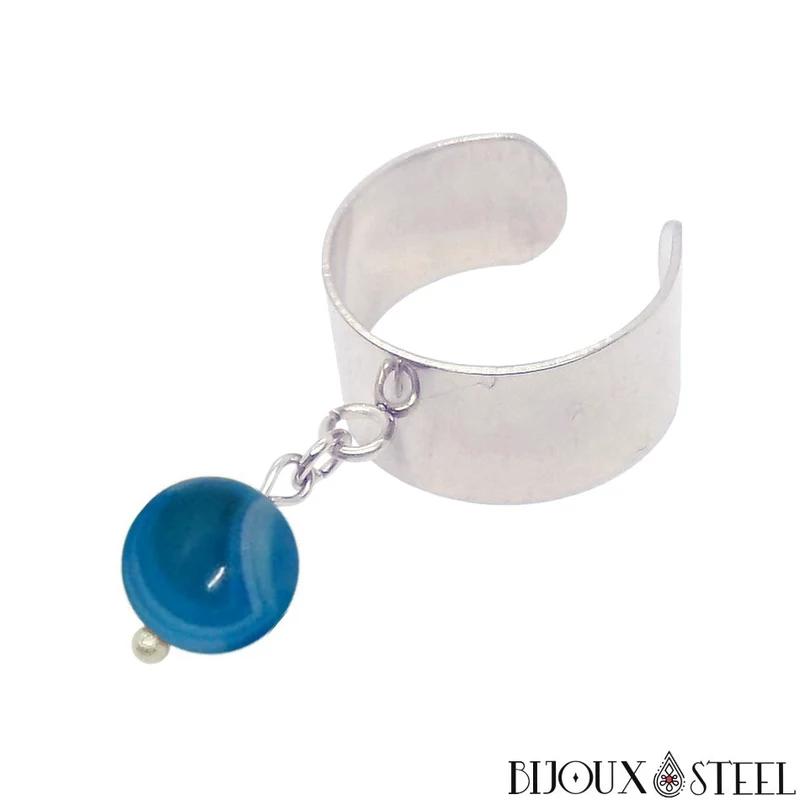 Bague large ajustable à perle d'agate bleue teintée