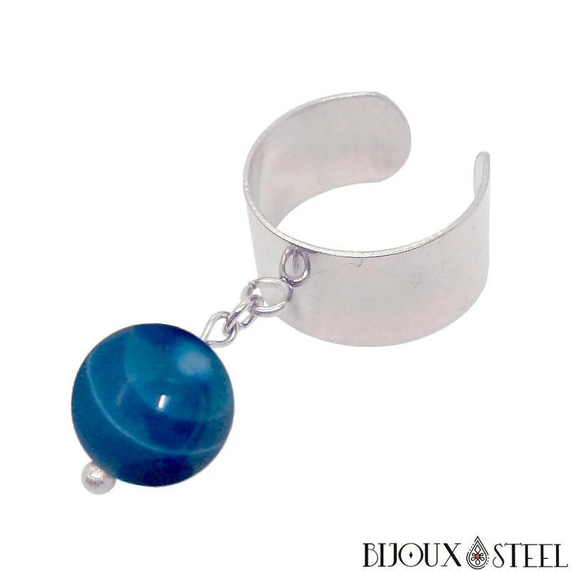 Bague large ajustable à perle d'agate bleue teintée