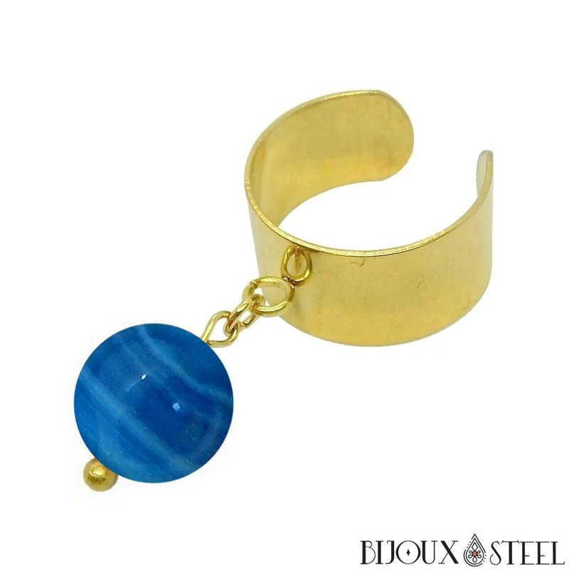 Bague large ajustable à perle d'agate bleue teintée