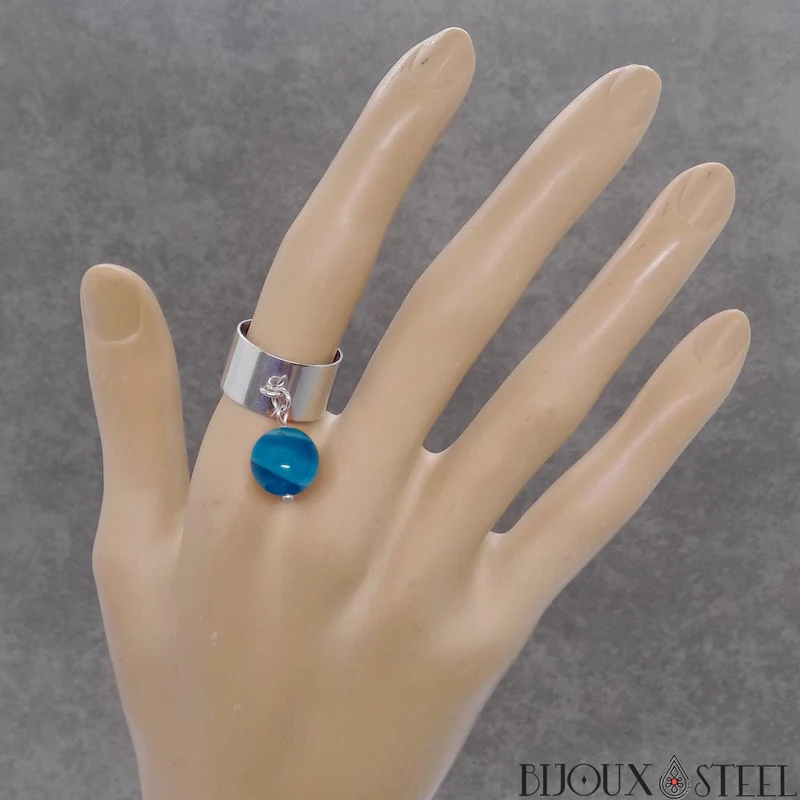 Bague large ajustable à perle d'agate bleue teintée