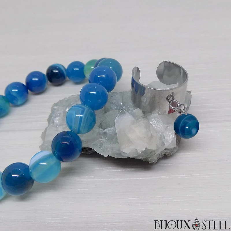 Bague large ajustable à perle d'agate bleue teintée